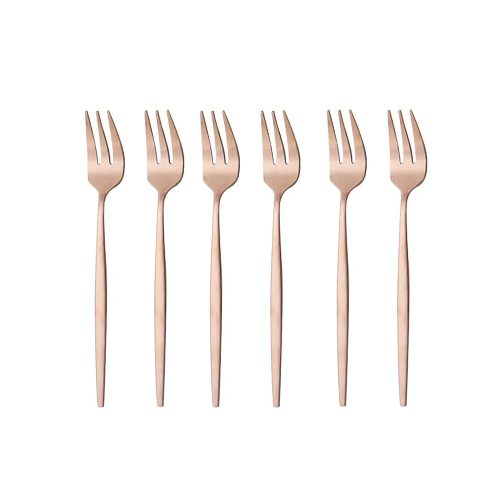 Juego de 6 tenedores para fruta (rosa) en acero inoxidable mate, mini juego de cubiertos dorados