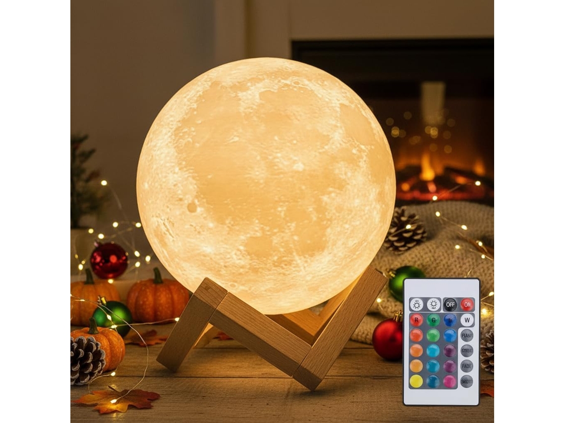 Lámpara de Luna 3D con 16 Colores, 12 cm, Recargable y con Intensidad Ajustable, Control Remoto y Base de Madera