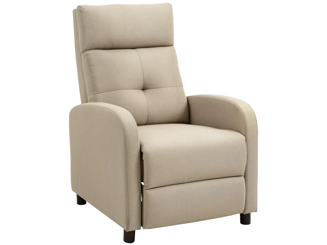 Sillón Relax color beige, reclinable manualmente hasta 155°, tapizado en tela, soporta una carga máxima de 150 kg para personas de hasta 195 cm de altura.