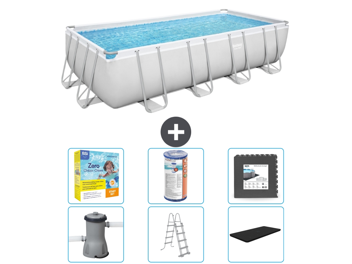 Piscina BESTWAY rectangular Power Steel - 488 x 244 x 122 - gris con bomba incluida - escalera - cubierta Accesorios CB35