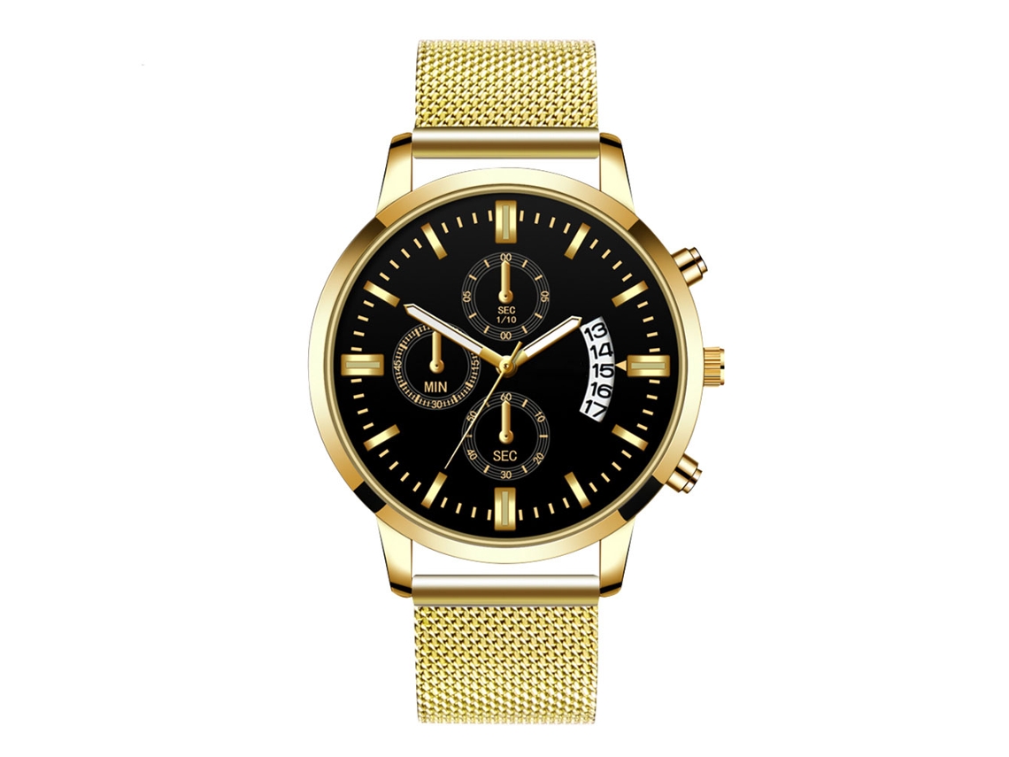 Reloj De Cuarzo Para Hombre Con Calendario Dial Redondo Correa De Acero Oro Negro