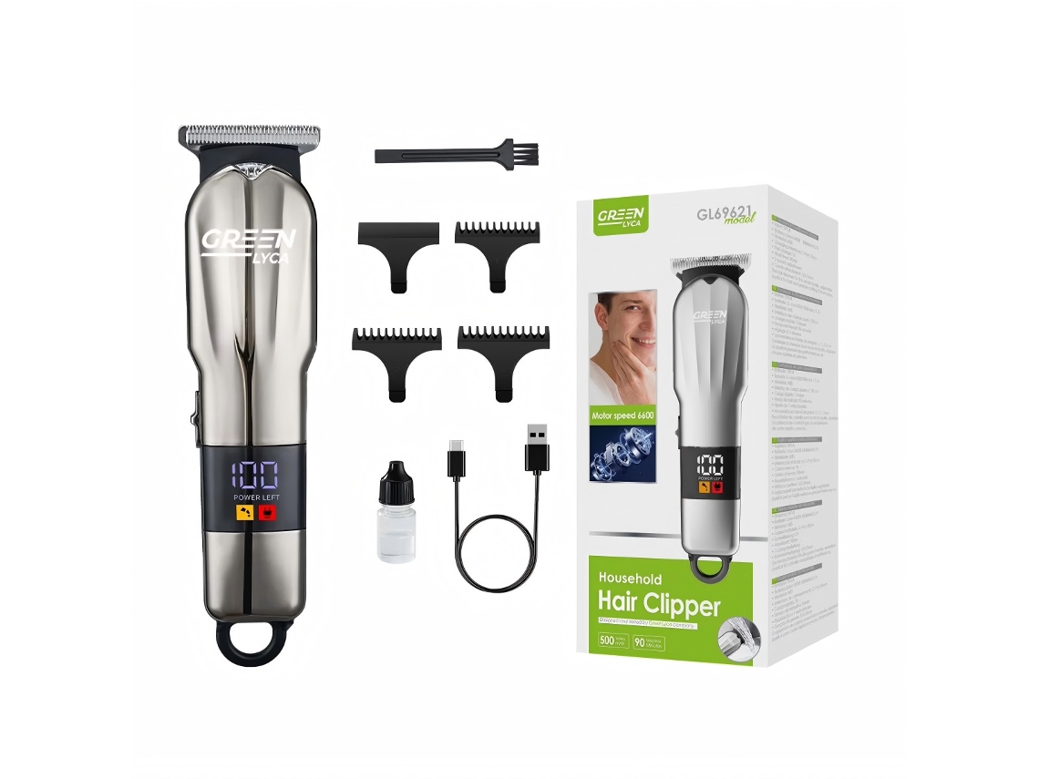 Cortapelos Green Lyca GL69621 con luz auxiliar y pantalla digital, recargable por USB, con certificación CE, 4 peines incluidos - PAPRIKA