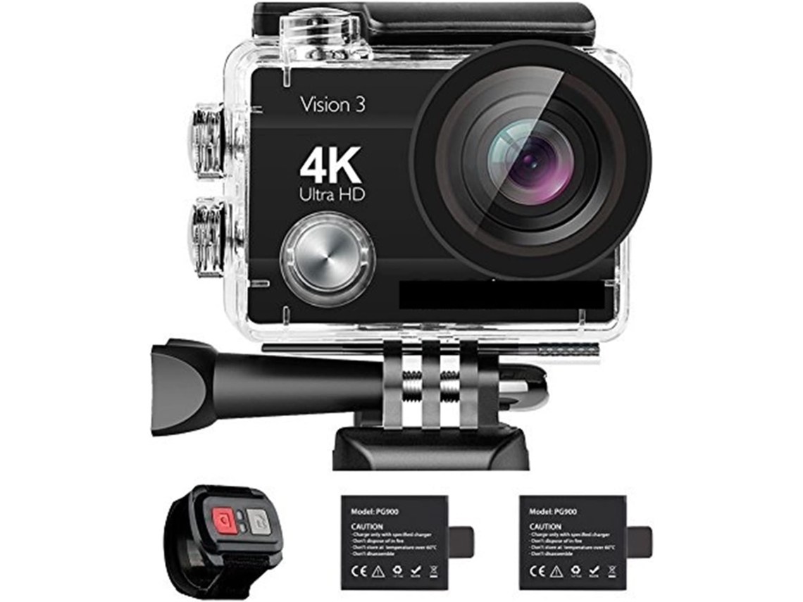 Cámara De Acción 4k De 16 Mp Resistente Al Agua Para Vlogs Con 3 Vision, Cámara Deportiva Subacuática, Wifi, Lente Gran Angular De 170° Y Kit.