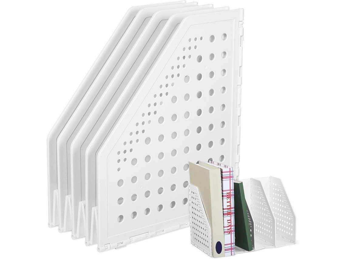 Organizador de escritorio vertical de plástico blanco, portadocumentos retráctil con 4 paneles, almacenamiento compacto para Gokoco