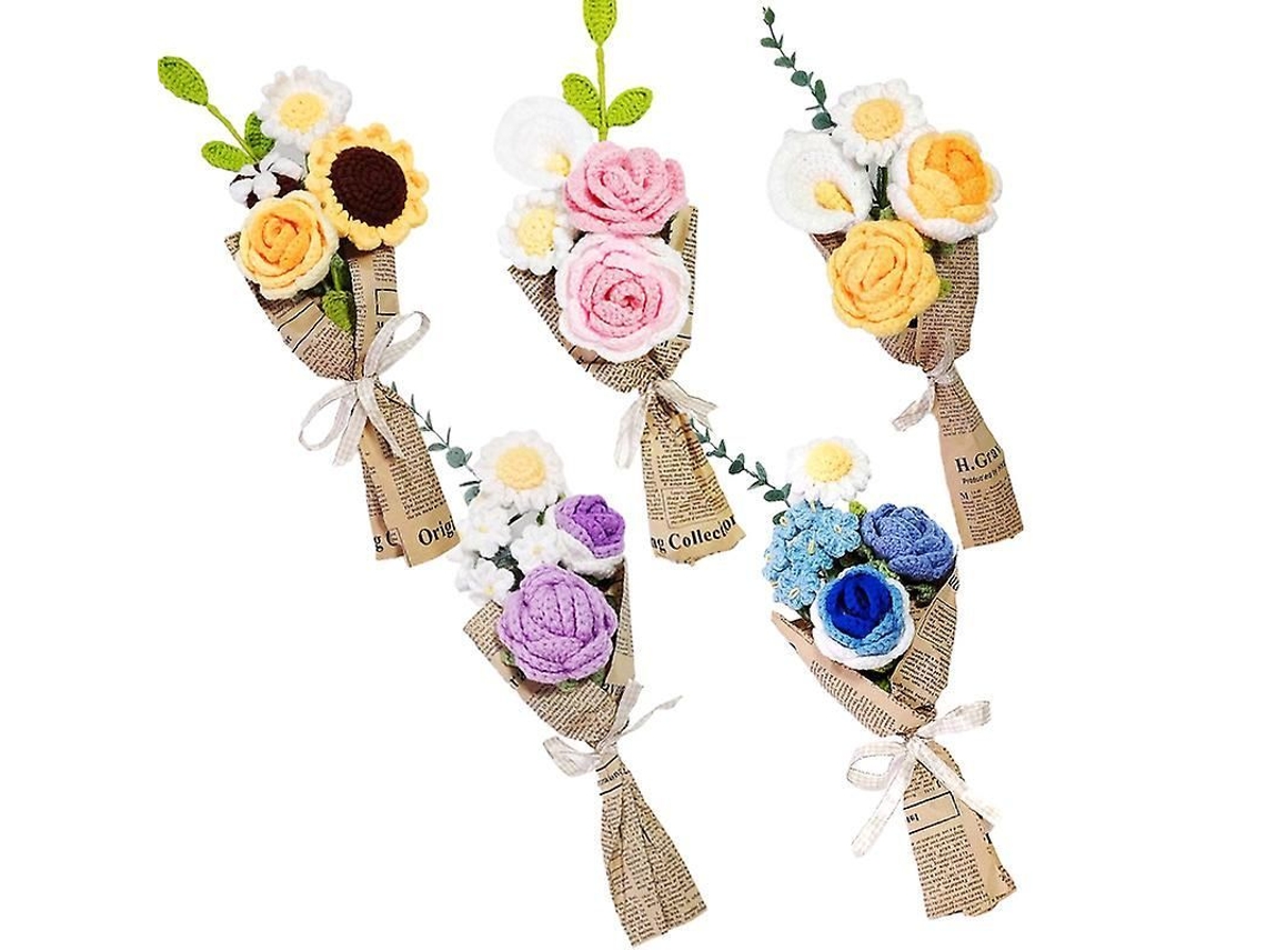 2026-ramo De Flores Tejidas A Mano: Rosas, Margaritas Y Tulipanes, Regalo Ideal Para Días Especiales