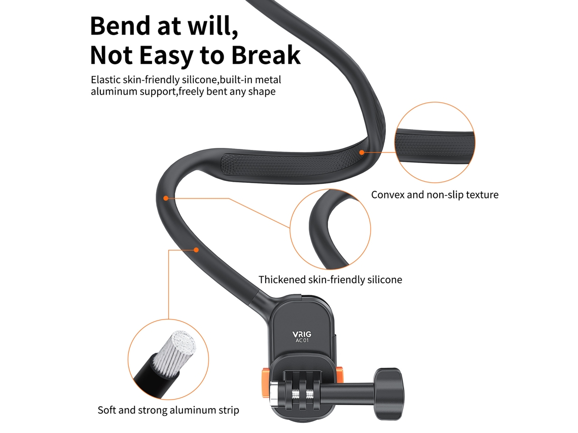Soporte Cuello para cámaras de acción: GoPro, Osmo Action, Insta360 y Sports Selfies.