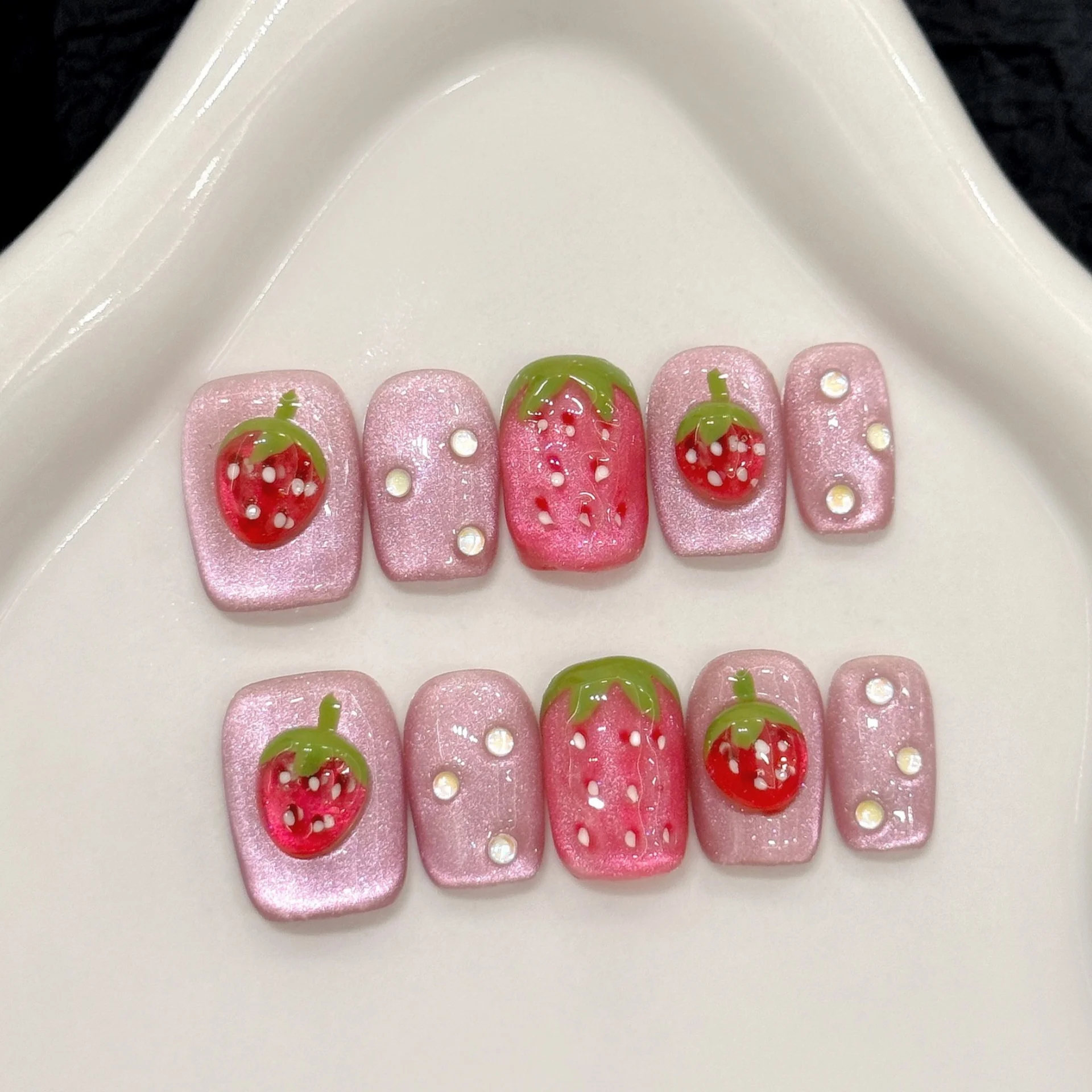 (2918-xs) 10 Uñas Postizas Hechas A Mano Con Forma De Ojo De Gato, Pegatinas Para Uñas