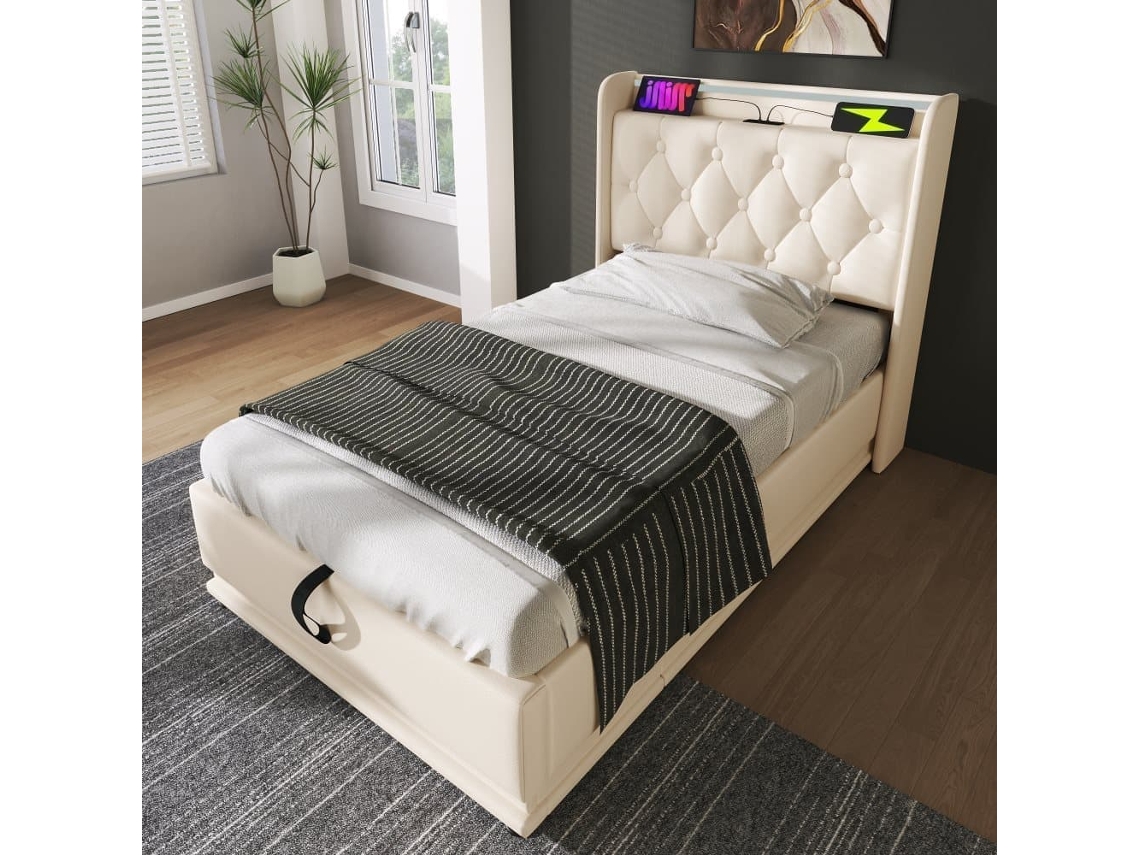 Cama Individual Tapizada 90*200 - Led 360, Hidráulica, Cabecero Con Usb Tipo-c, Con Colchón - Blanco Pu