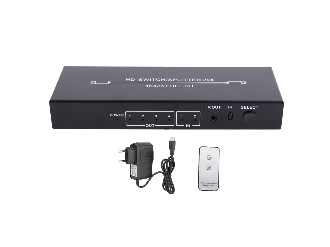Divisor De Interfaz Multimedia Hd De 2 Entradas Y 4 Salidas, Conmutador 4k Con Control Remoto, Enchufe Europeo.