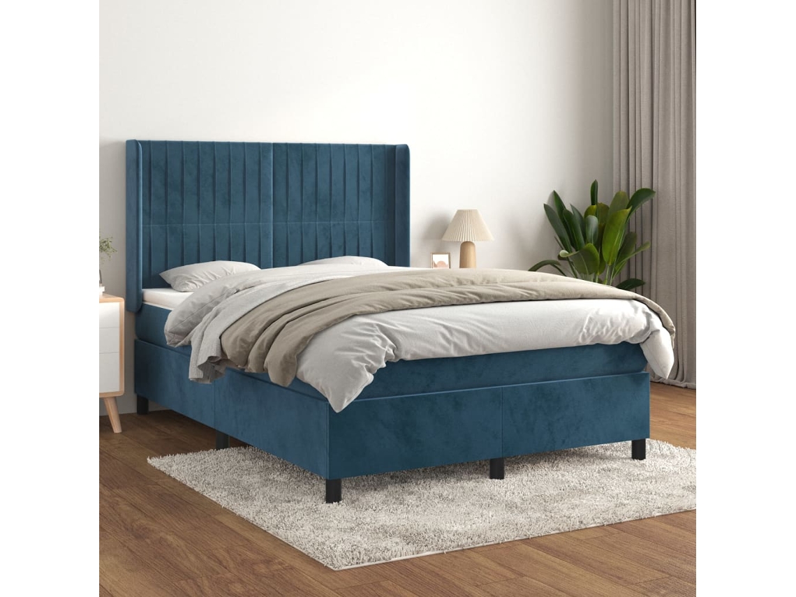Cama Box Spring Con Colchón Terciopelo Azul Oscuro 140x200 Cm