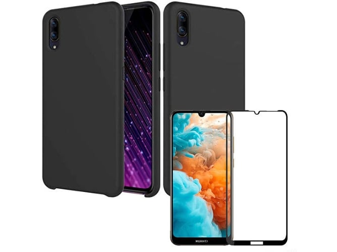 Kit Carcasa y Protector de Cristal 5D Full Cover Huawei Y5 2019 Silicona Negro
