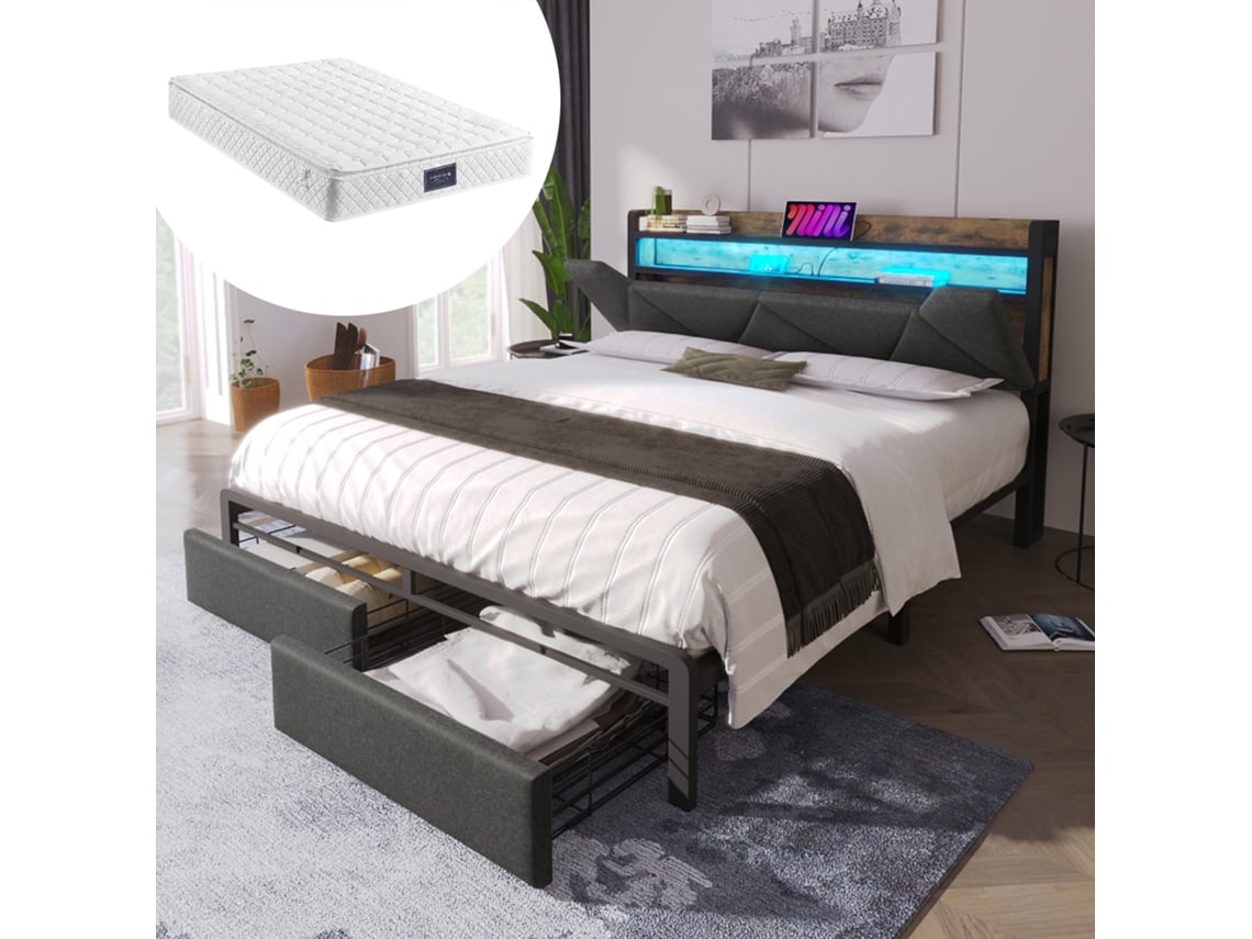 Cama De 160x200 Con Led, Usb-c Y Cajones, Color Gris.