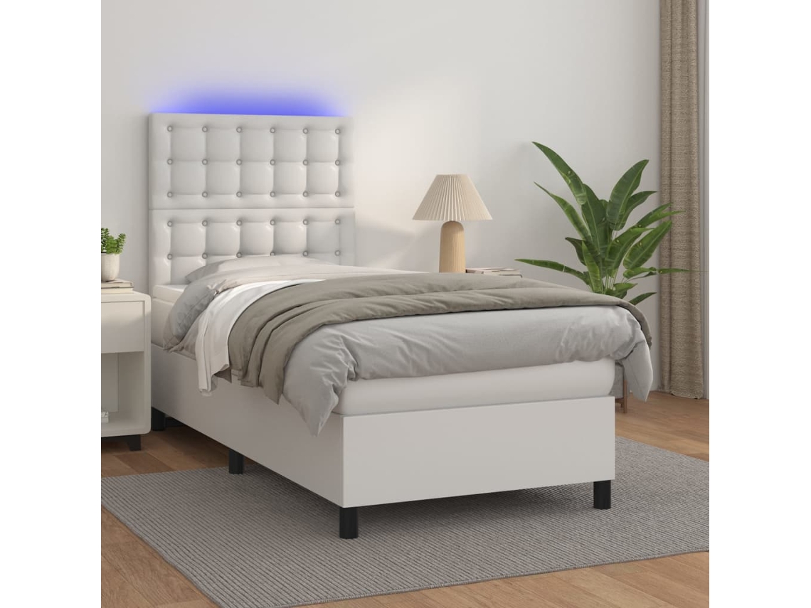 Cama box spring y colchón LED cuero sintético blanco 90x200 cm