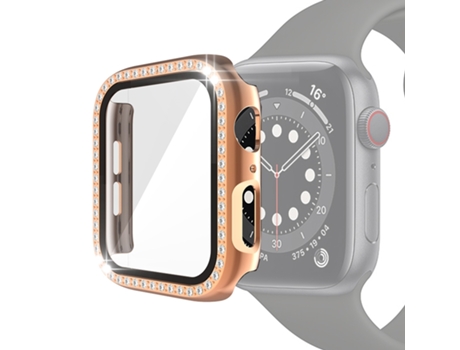 Funda protectora de diamante de una hilera de PC galvanizada con película de vidrio templado para Apple Watch Series 6 y SE y 5 y 4 44 mm