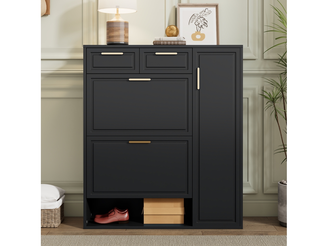 Zapatero Moderno 95x24x107cm 1 Puerta y 2 Cajones 2 Puertas Plegables Estilo Negro