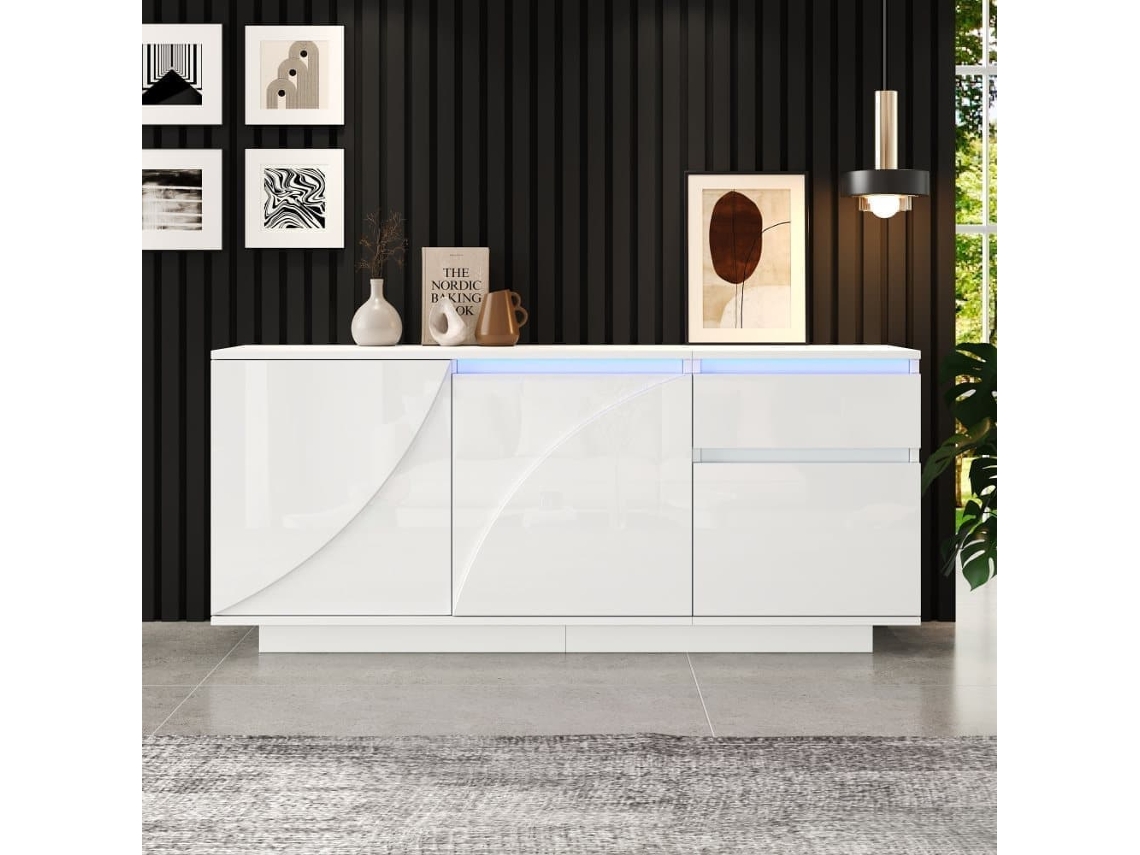 Aparador 140x40x60 Cm - 3 Puertas, 1 Cajón, Con Led Y Estantes Ajustables - Blanco