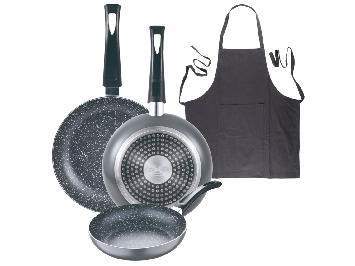 Juego de 3 sartenes Bergner Soul de mármol de Ø16ø20ø24 cm con delantal de cocina