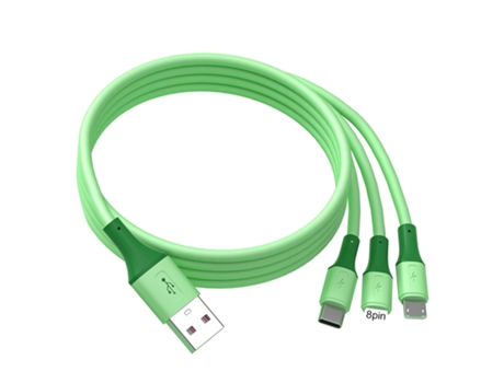 Cable de carga Carga rápida Salida estable Silicona líquida 3 en 1 Cable cargador micro USB tipo C de 8 pines para teléfono inteligente-Verde