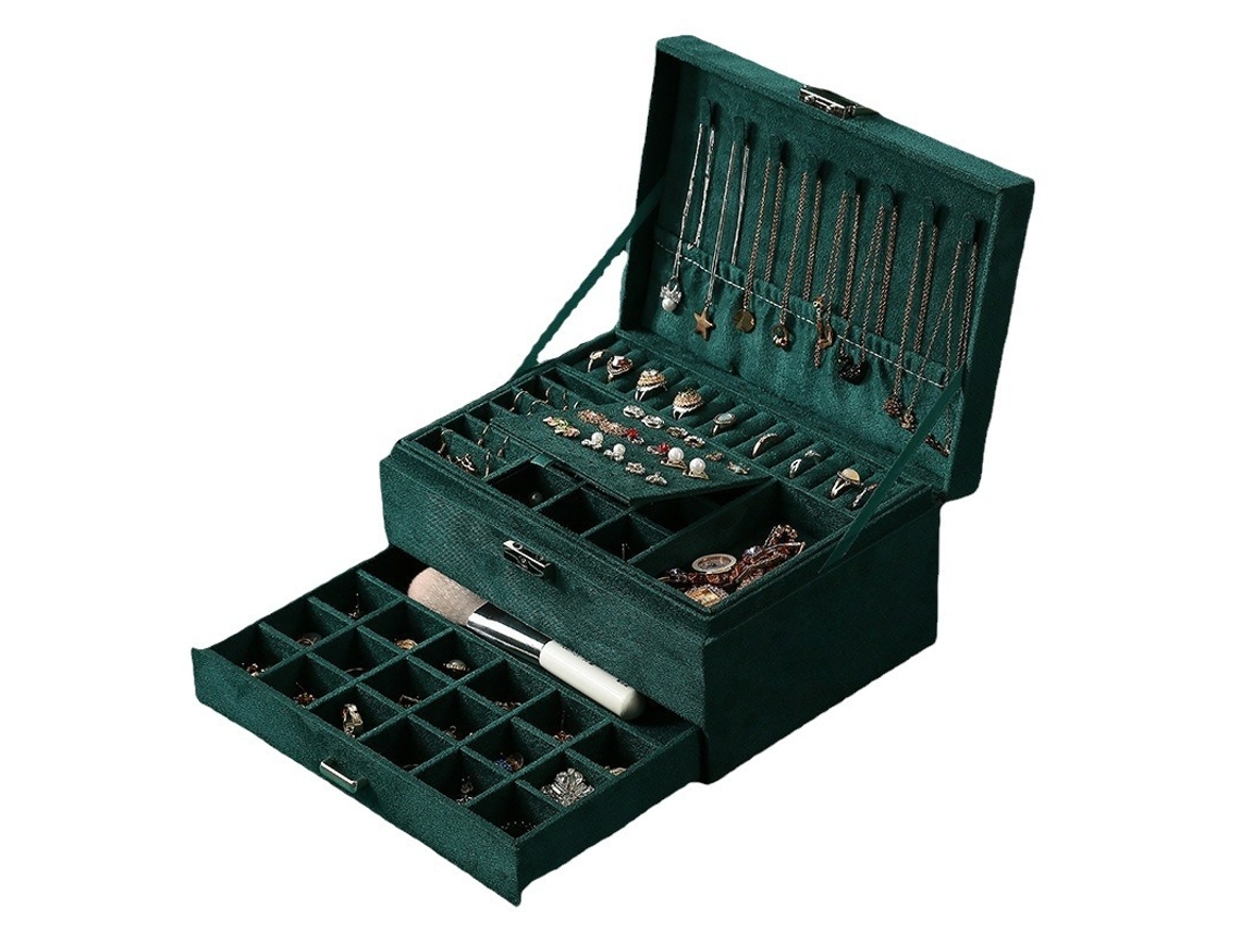 Joyero para mujer, joyero de tres capas con gran capacidad, verde Tommy01