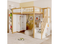 Cama alta multifuncional de 90x200 cm con estantes, armario y escalera de seguridad, color blanco, madera natural, muebles