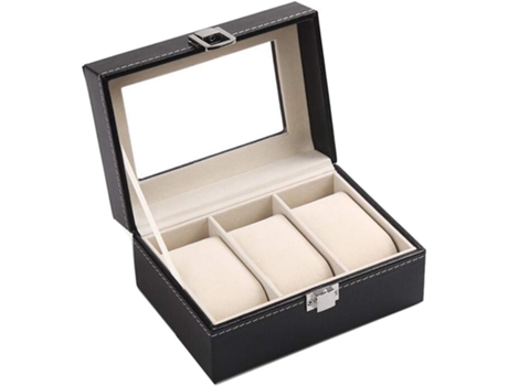 Watch Box with 3 Compartments Wrist Watch Storage Box PU Watch Storage Box with Glass Lid Velvet Lining Perfect for GiftBlack (15.8*11*8cm——VEBTles...