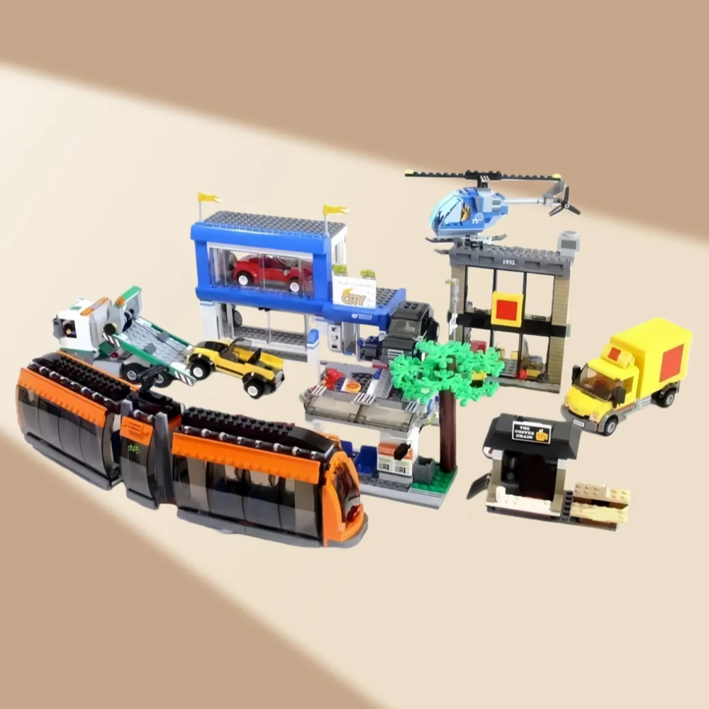 Brinquedo Maquete de Trem com Blocos de Construção da Praça da Cidade, Helicóptero, Estação de Transporte, Paisagem Urbana e Rua.