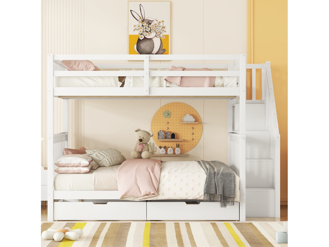 Litera Mobrio de madera de pino blanco de 140 x 200 cm con 2 cajones y escalera de almacenaje