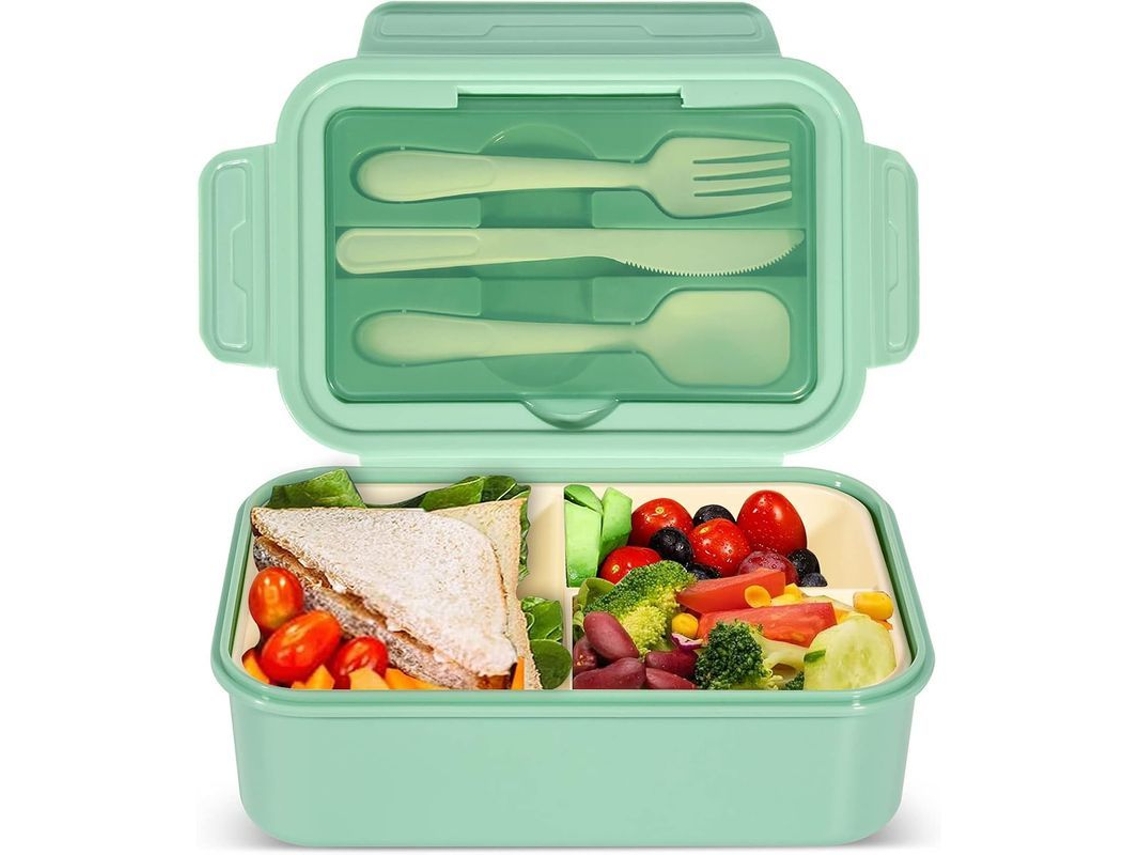 Fiambrera Bento De 1400 Ml Con 3 Compartimentos, Libre De Bpa, Para Adultos Y Niños, Color Verde.
