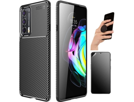 Kit Funda, Protector de Pantalla y Popsocket Motorola Edge 20 Rugged Carbon Negro