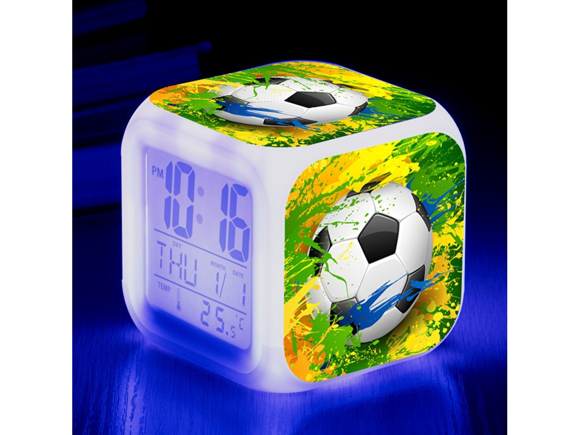Reloj creativo de alarma con diseño de fútbol, LED colorido, reloj cuadrado para niños y estudiantes Kofihety