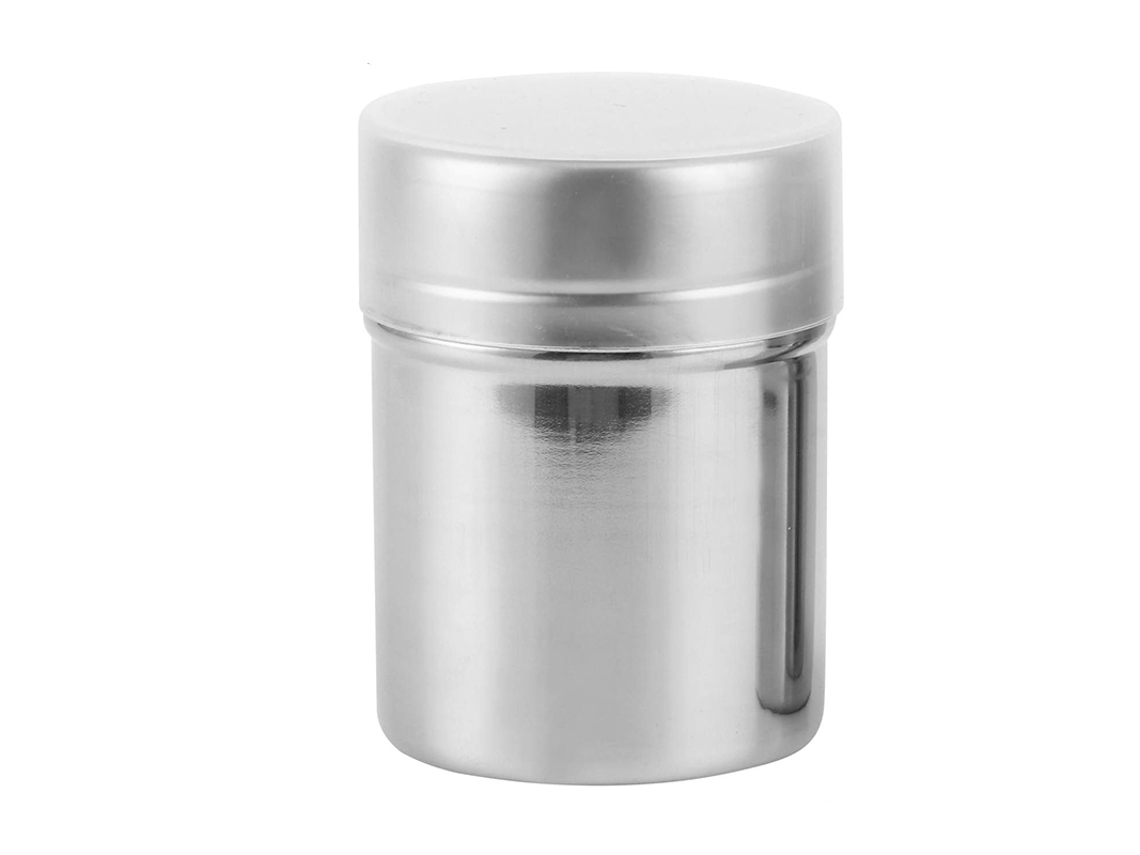 (1 unidad) Recipiente de acero inoxidable para polvo/azúcar con tapa y malla, caja de almacenamiento ecológica para especias y chile en polvo.