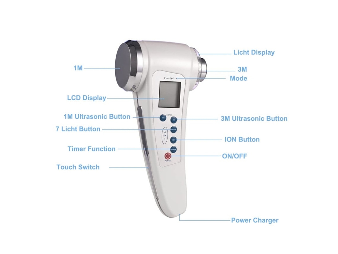 Dispositivo ultrasónico para la piel con doble transductor, luz roja, azul y verde, antiarrugas y tratamiento para el acné, blanco Bestvite