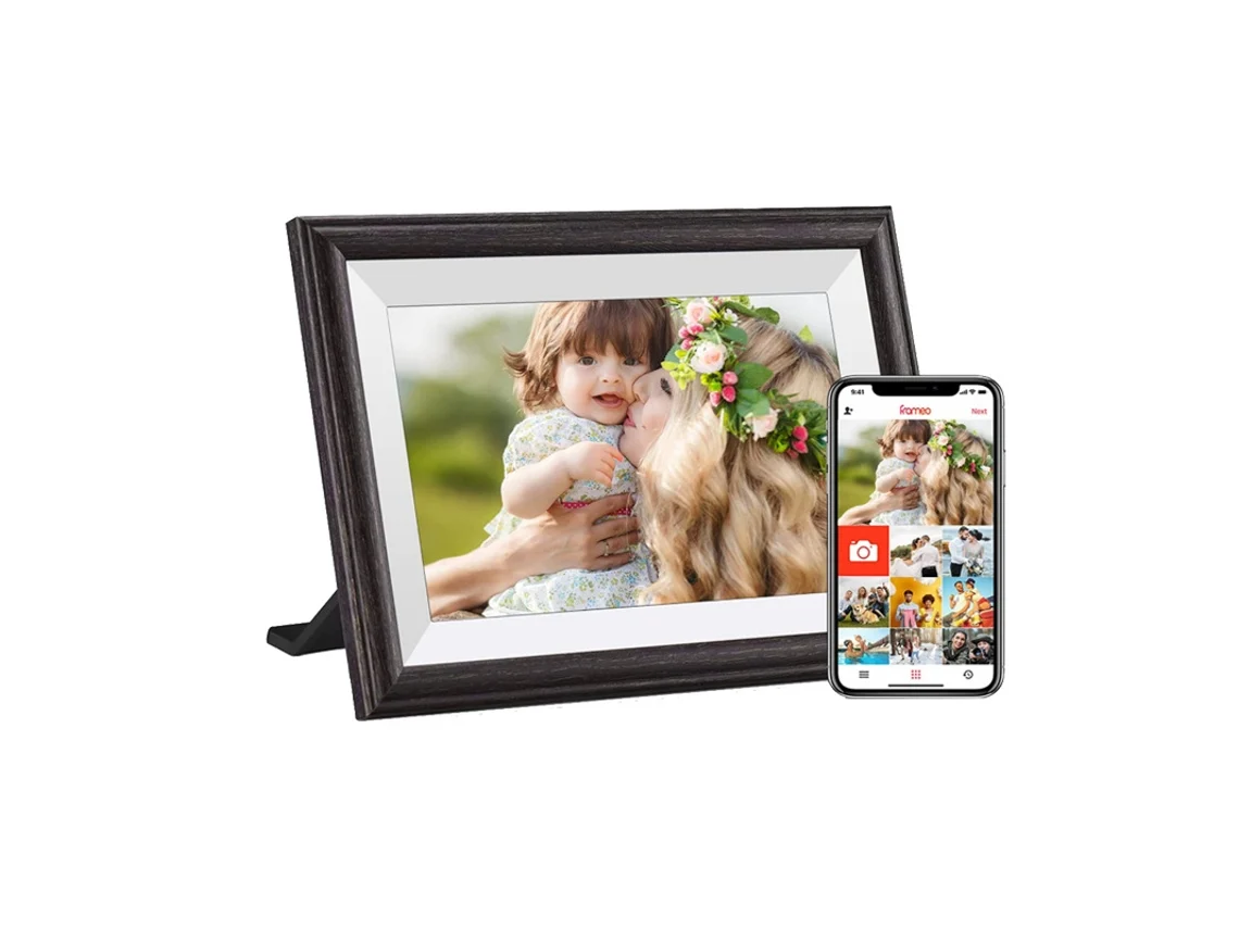 Marco digital blanco de 10 pulgadas, memoria interna de 32 GB, soporta la reproducción de fotos desde el móvil, con pantalla táctil
