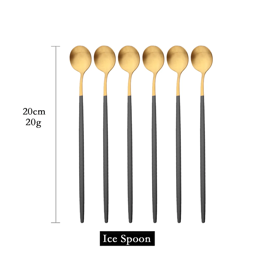 (negro Y Dorado, 6 Piezas) Cucharas De Mango Largo Mate Para Remover Bebidas, Cubiertos De Acero Inoxidable