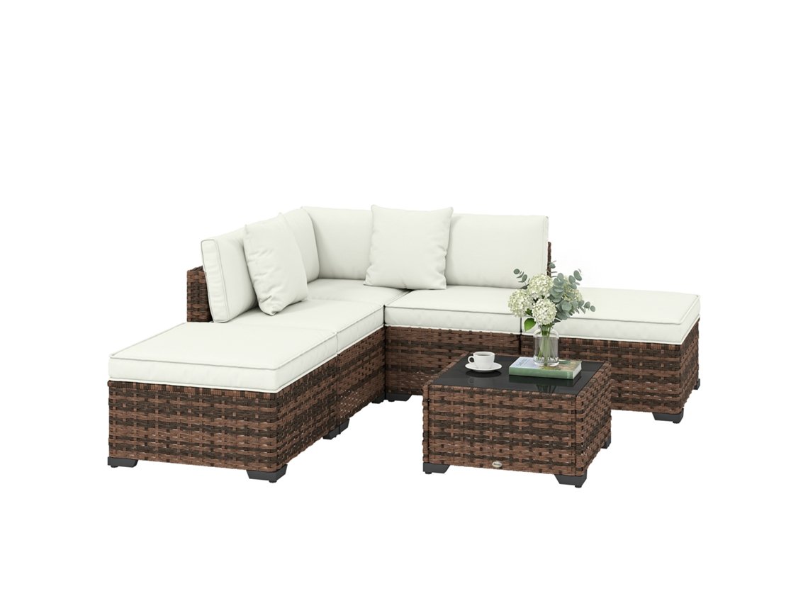 Conjunto De Jardín De Ratán De 6 Piezas, Sillas De Esquina Con Reposapiés, Color Marrón.