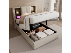 Cama Tapizada De 90x200 Cm Con Carga Inalámbrica, Usb-c, Almacenamiento Integrado Y Base De Láminas De Madera, Lino Natural.