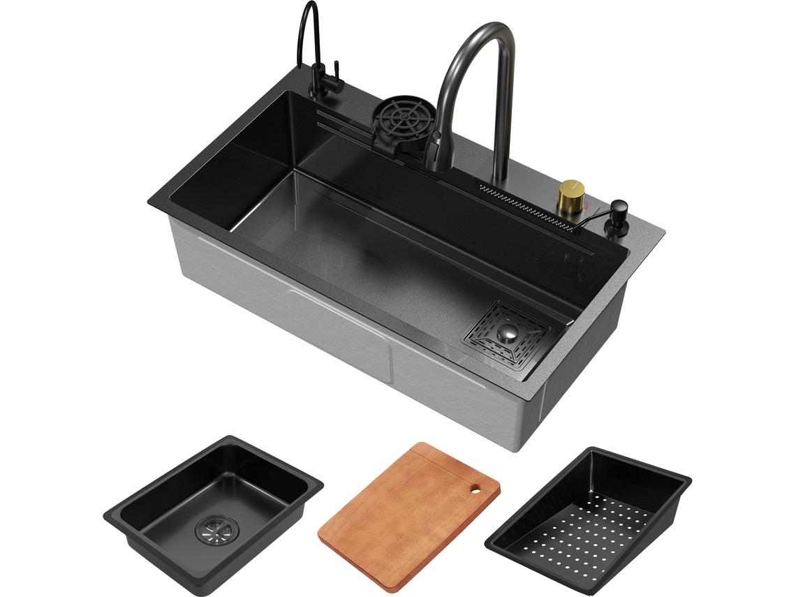 Fregadero de cocina 80x46 cm lavabo rectangular antracita acero con accesorios ML-DESIGN