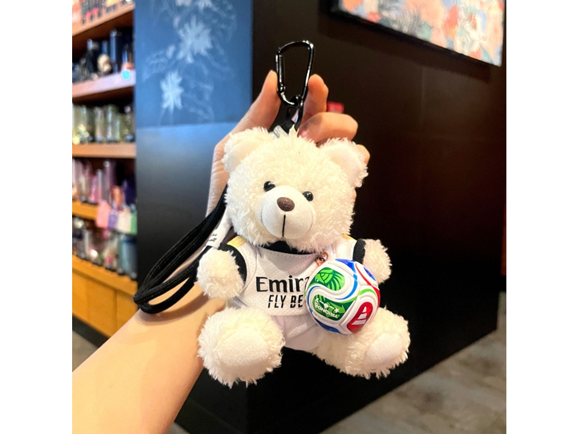 Llavero Oso Peluche Real Madrid Fútbol, Mosquetón Negro Balón Colorido, Accesorio Coleccionable Hincha Suave Anti-deshilachado Calidad