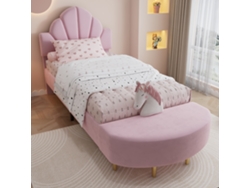 Cama Tapizada En Terciopelo Rosa De 90x200 Con Cabecero Y Banco Resistentes A Juego.