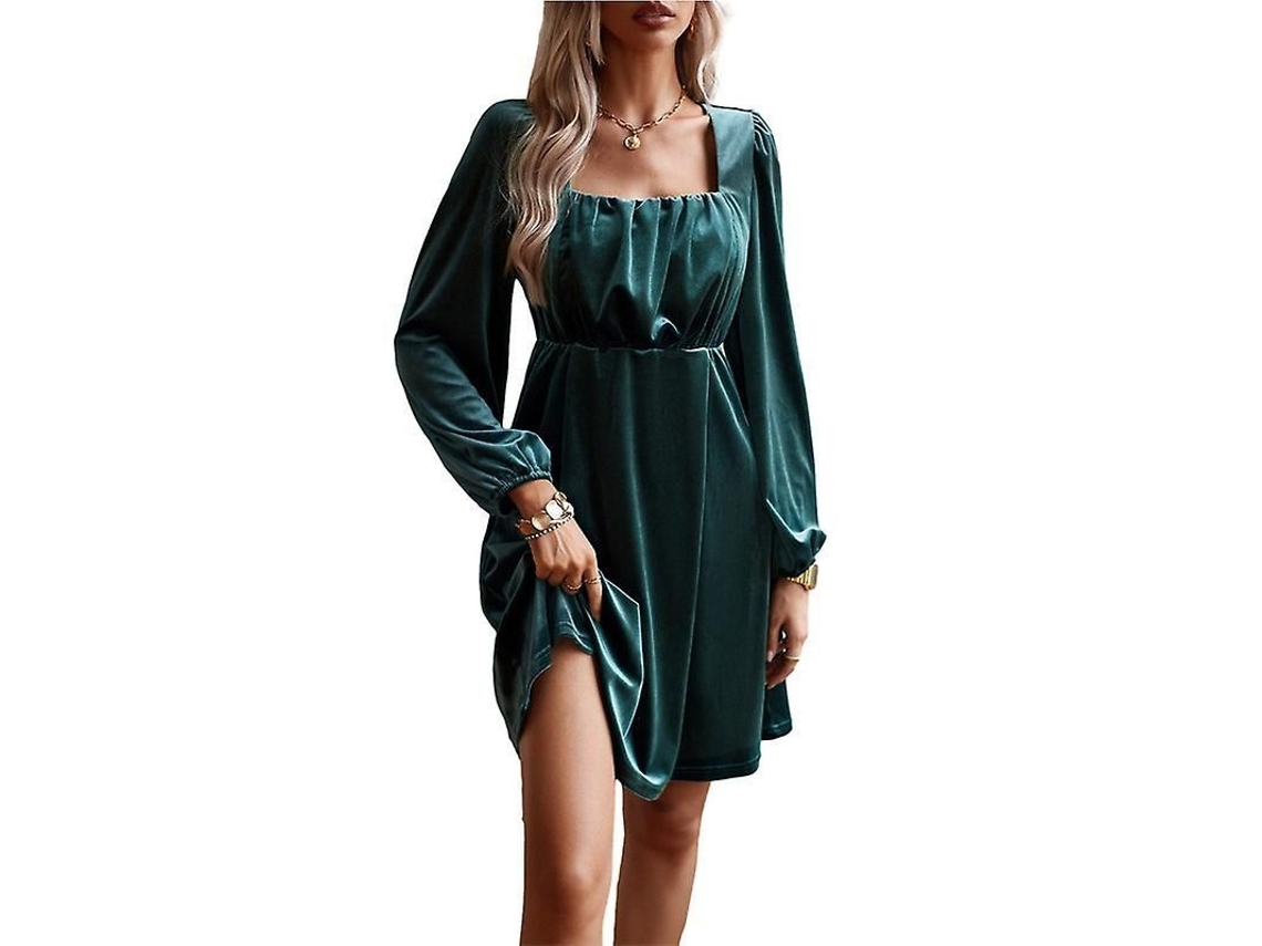 2026-vestido De Terciopelo A Line De Manga Larga Con Cuello Cuadrado Y Cintura Alta Para Mujer