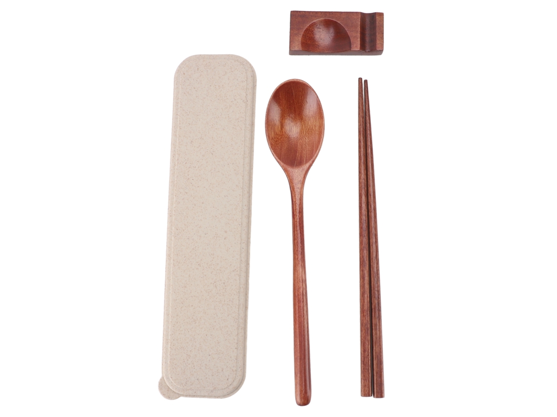 Juego Portátil Y Reutilizable De Cuchara Y Palillos De Madera Con Tapa Para Viajes, Acampadas Y Oficina.