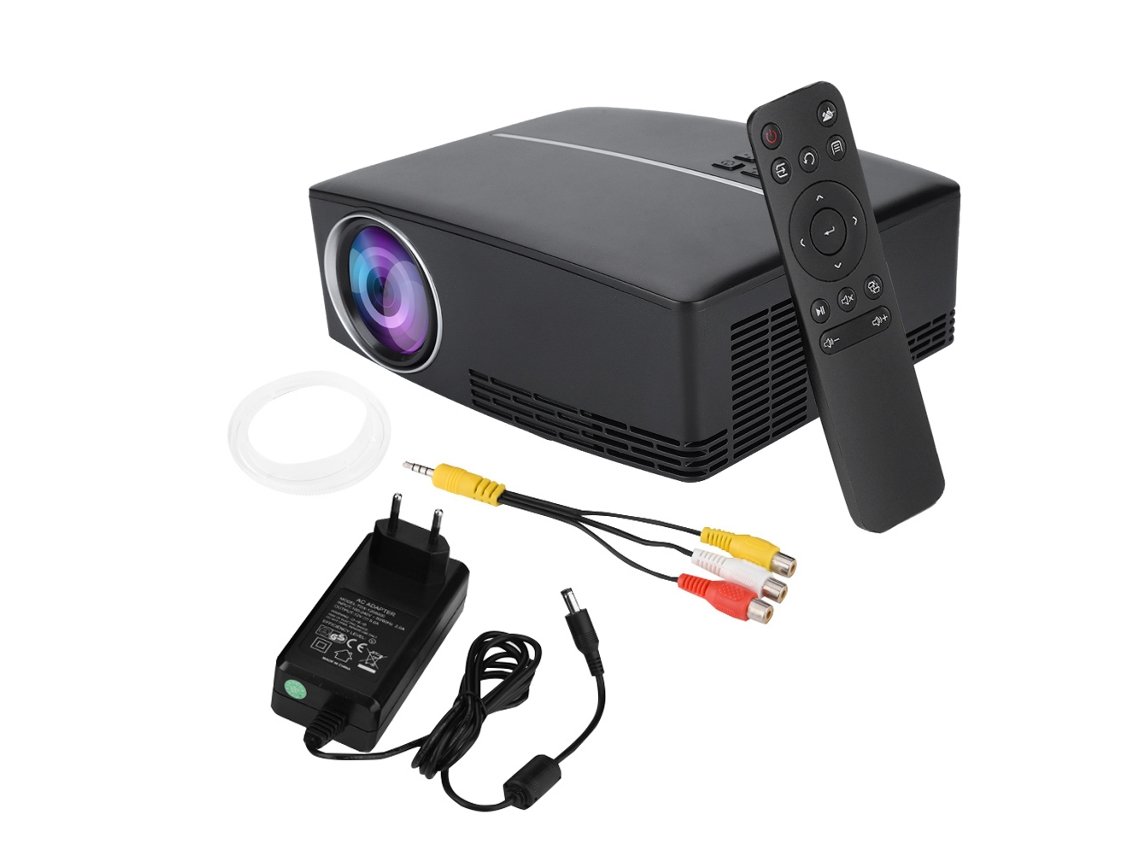 Miniproyector LED portátil compatible con resolución 4K x 2K y reproducción de contenido HDMI.