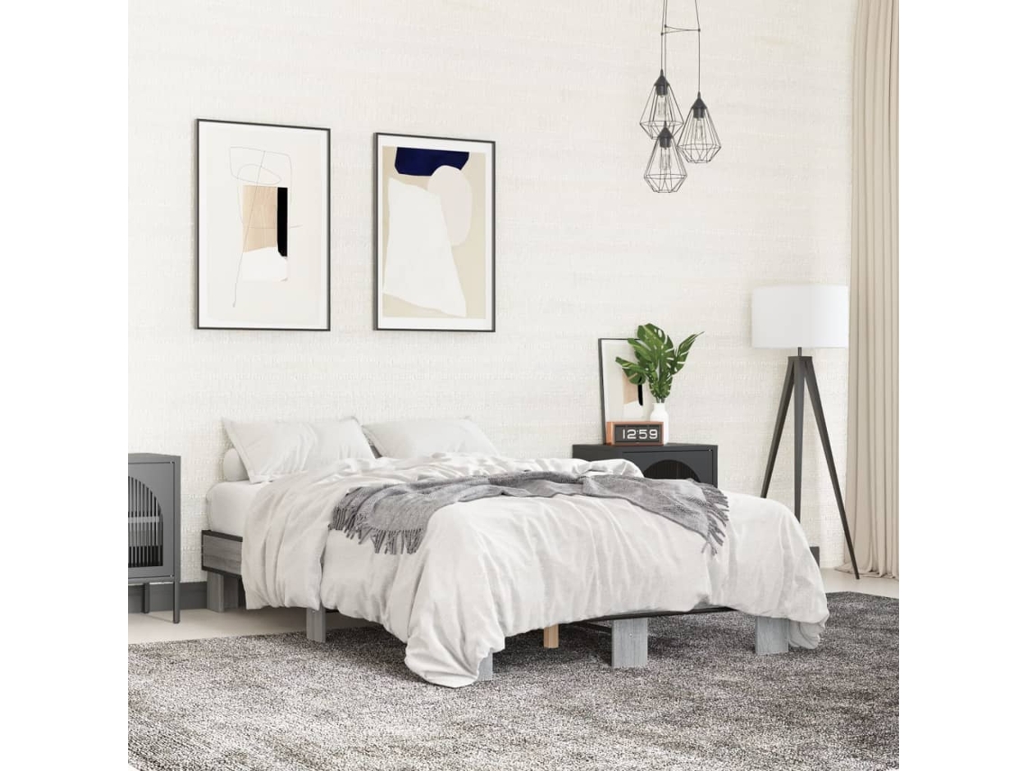 Estructura Cama Madera Ingeniería Metal Gris Sonoma 140x200 Cm