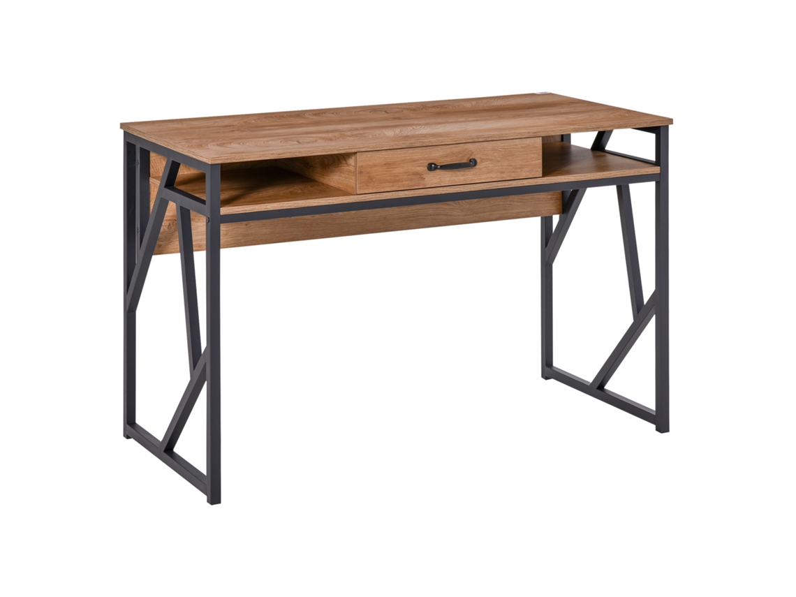 Escritorio Estilo Industrial 120x60x76 Cm, Mesa Para Ordenador Con Cajón Y 2 Compartimentos Abiertos, Nogal Y Metal Negro