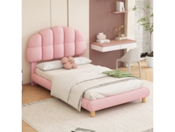 Cama individual de 90 x 200 cm, cama infantil, cama juvenil, cama tapizada, somier de láminas de madera, fieltro circular, rosa