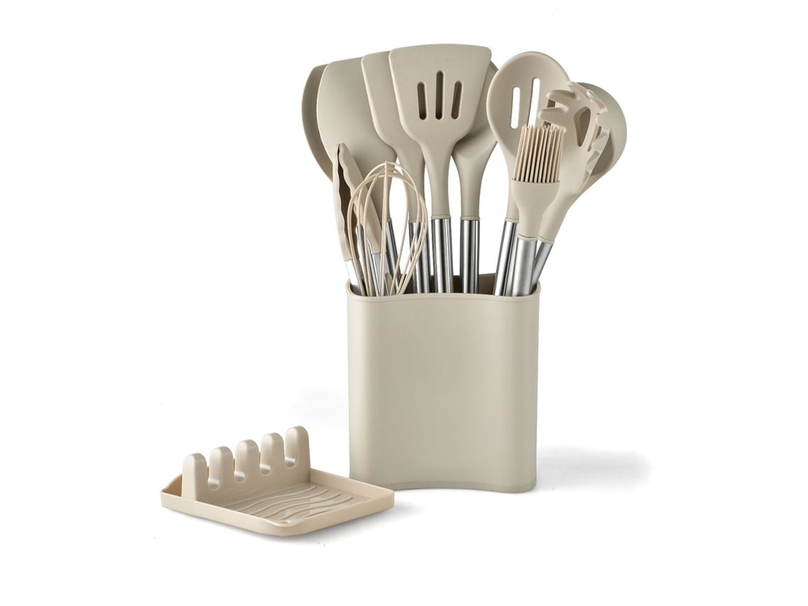 Juego De 13 Utensilios De Cocina De Silicona Y Acero Inoxidable: Cuchara, Espátula, Cucharón Con Cubo De Almacenamiento.
