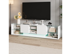 Mueble de TV moderno con 2 cajones, 6 estantes de cristal abiertos, 200 cm, alto brillo, LED, mueble bajo para TV para salón, dormitorio, blanco Rosahqnda