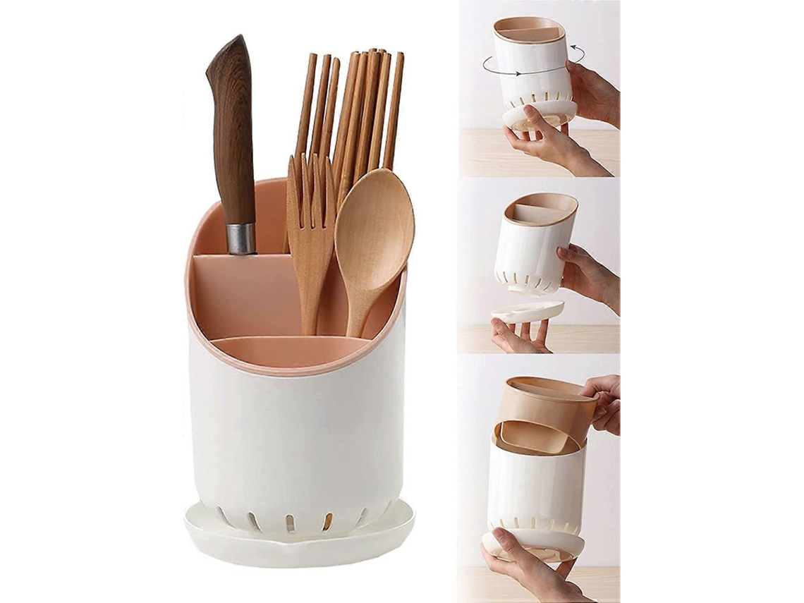 Portavasos Y Cubiertos Para Cocina Con Plato De Drenaje Y Agujero De Escurrido, Organizador De Utensilios Con 3 Compartimentos