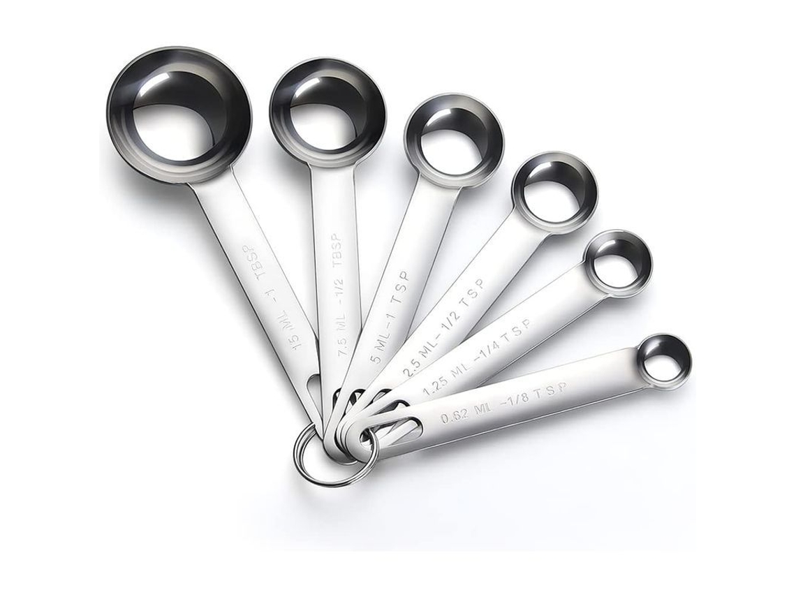 Conjunto de 6 colheres medidoras Linjou em aço inoxidável (2026), com capacidades de 0,62 a 15 ml, ideais para cozinhar e assar.