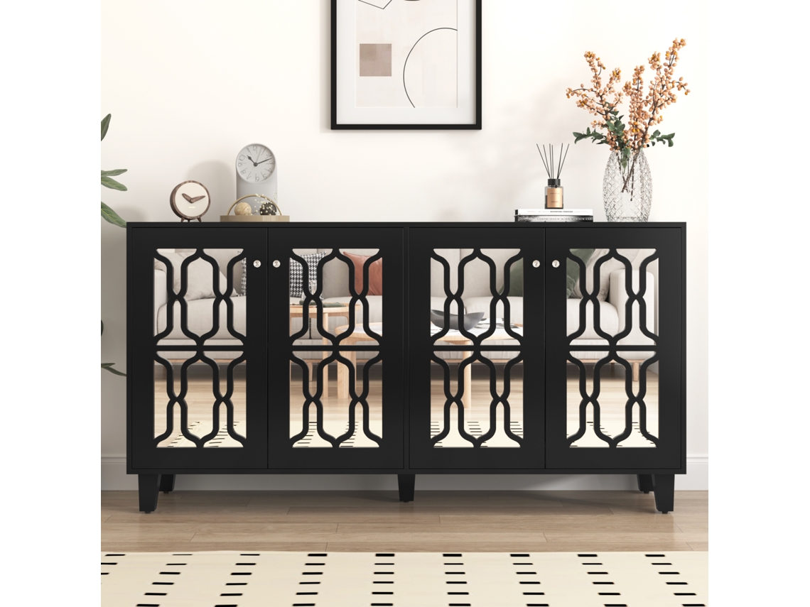 Aparador negro de 160x40x81 cm, con 4 puertas con espejo, acabado laminado y tiradores de cristal, para salón y comedor.